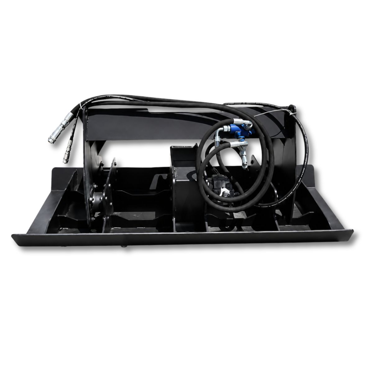 JCT 72-inch vibratory plate compactor attachment, hydraulic motor and hoses above the steel compaction plate