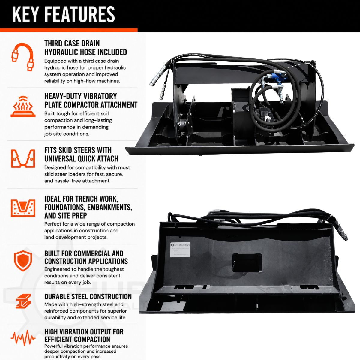 Key features of the JCT vibratory plate compactor: universal quick attach, third case drain hose, steel construction