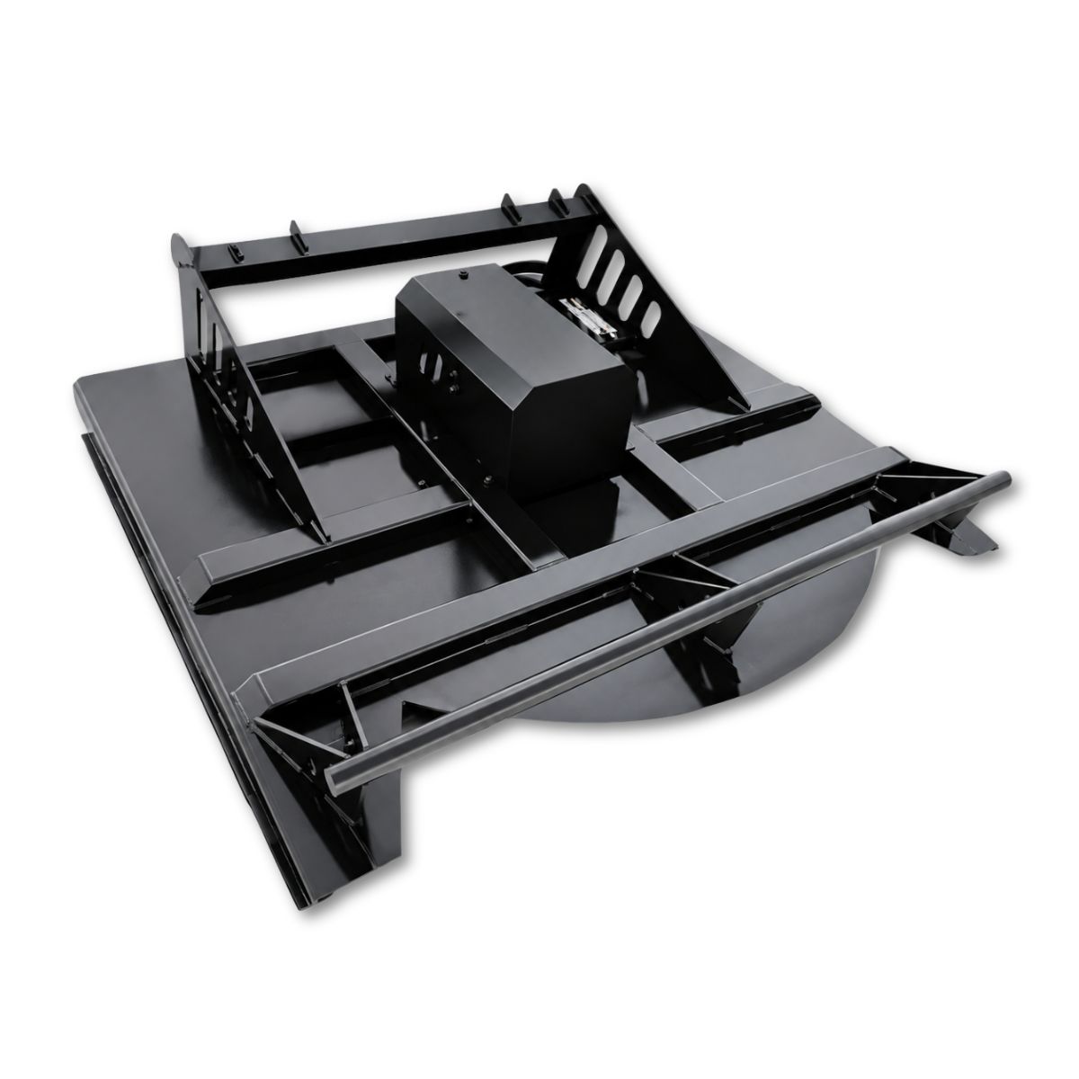 JCT 72in brush cutter deck, black open-front cutter with push bar and hydraulic motor housing on top