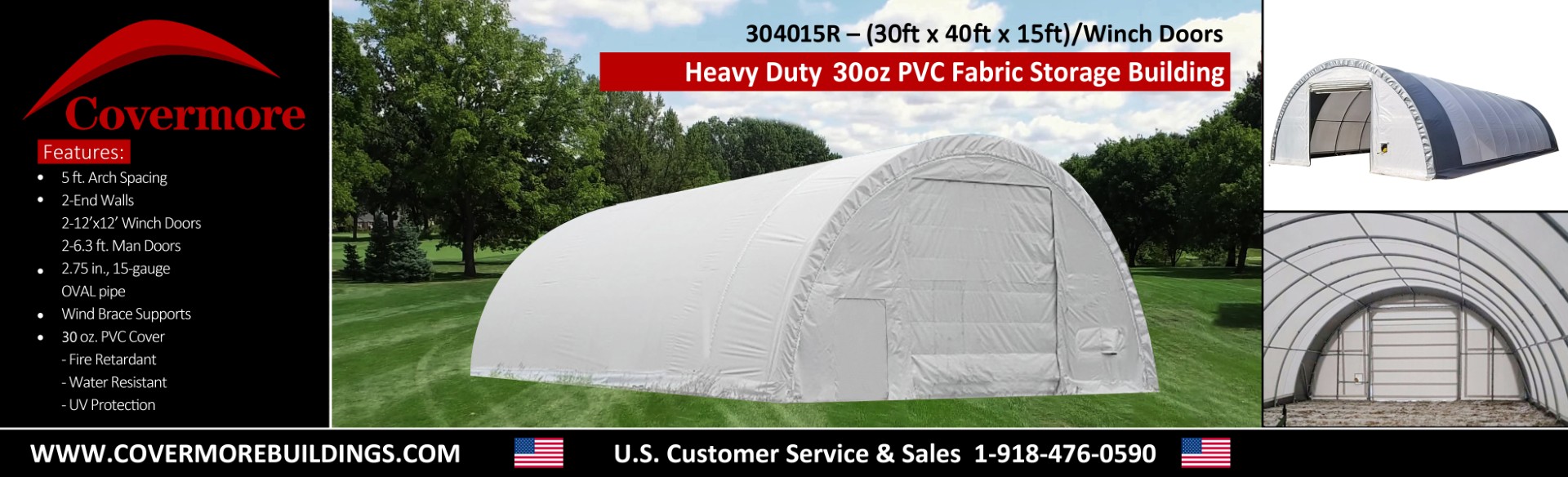 30x40x15 fabric storage building, white PVC cover with winch doors, spec banner with feature list and interior view
