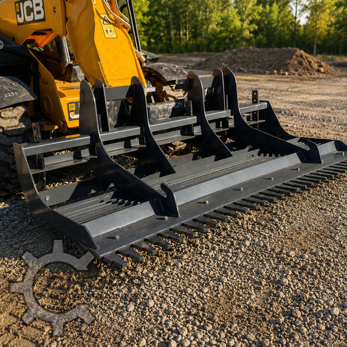 Wolverine land leveler on a JCB skid steer, teeth and leveling blades grading a gravel drive