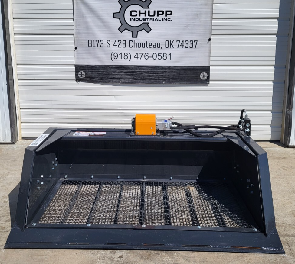 72" Vibrating Soil Screening Bucket with orange motor, black frame, and mounting hardware.