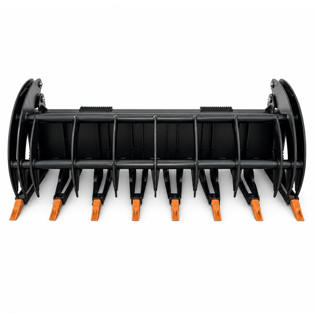 Greatbear grapple rake, eight orange bolt-on teeth on a black tined frame with dual grapple jaws open
