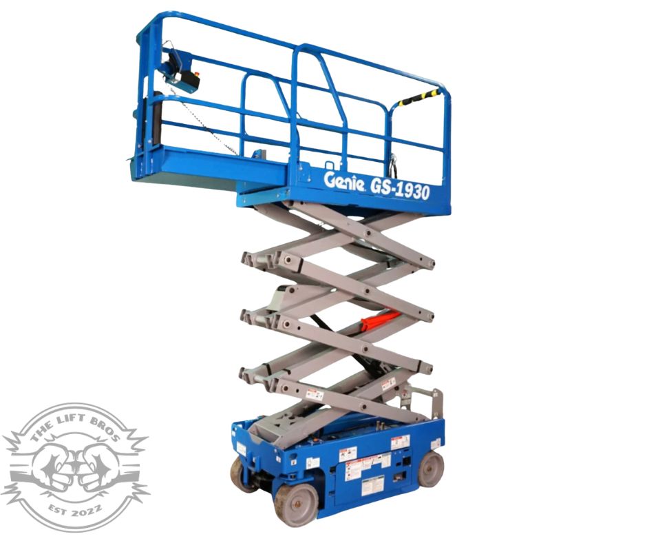 Blue Genie GS-1930 scissor lift raised on its scissor stack, slide-out extension deck out, guardrails around the platform