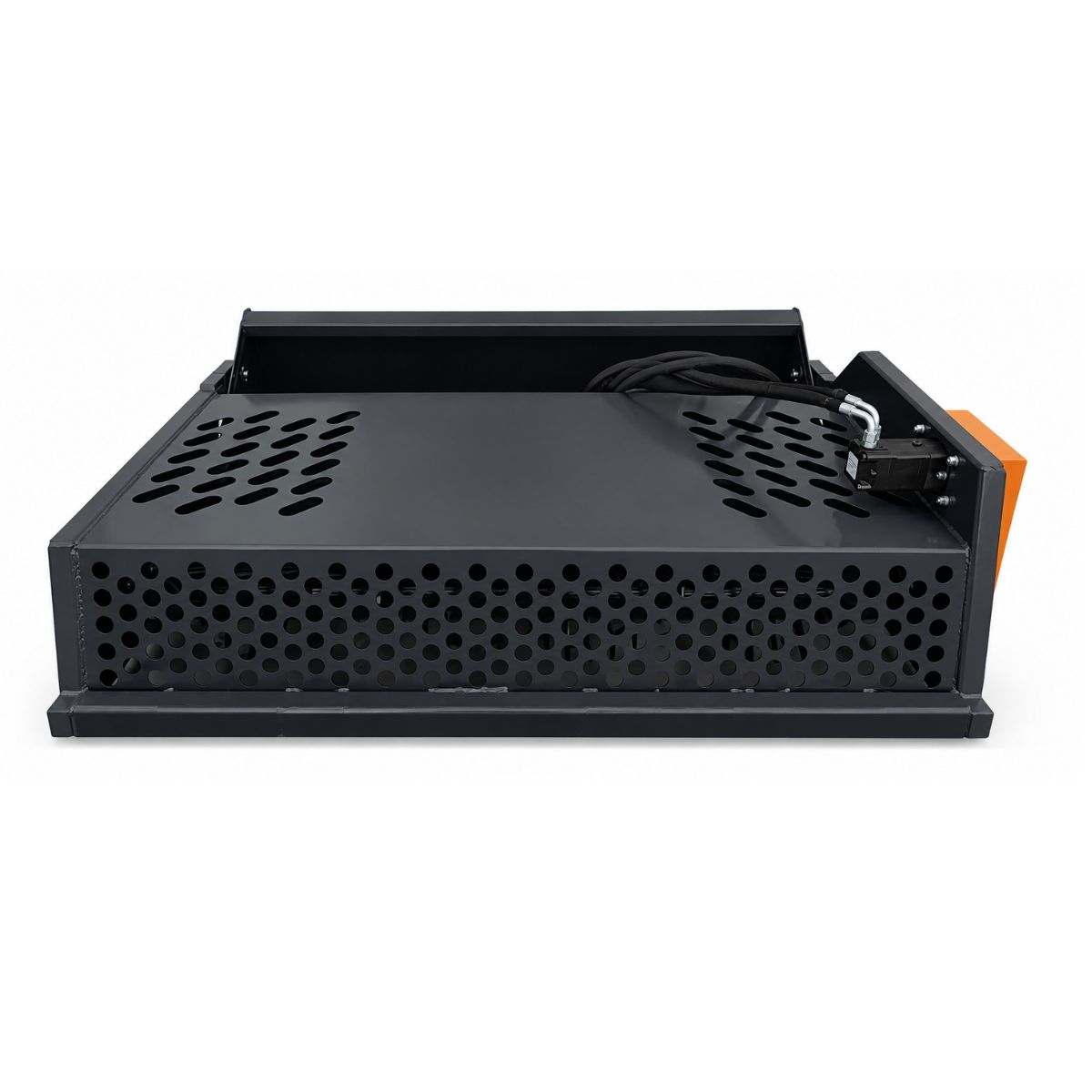 Wolverine rock rake: perforated steel grill panels that sift soil and hold rocks, with the hydraulic drive motor and hoses