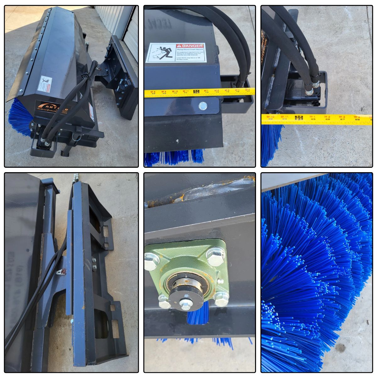 Arteer angle broom detail set: blue poly bristles, quick-attach mount, greaseable pillow-block bearing, hoses