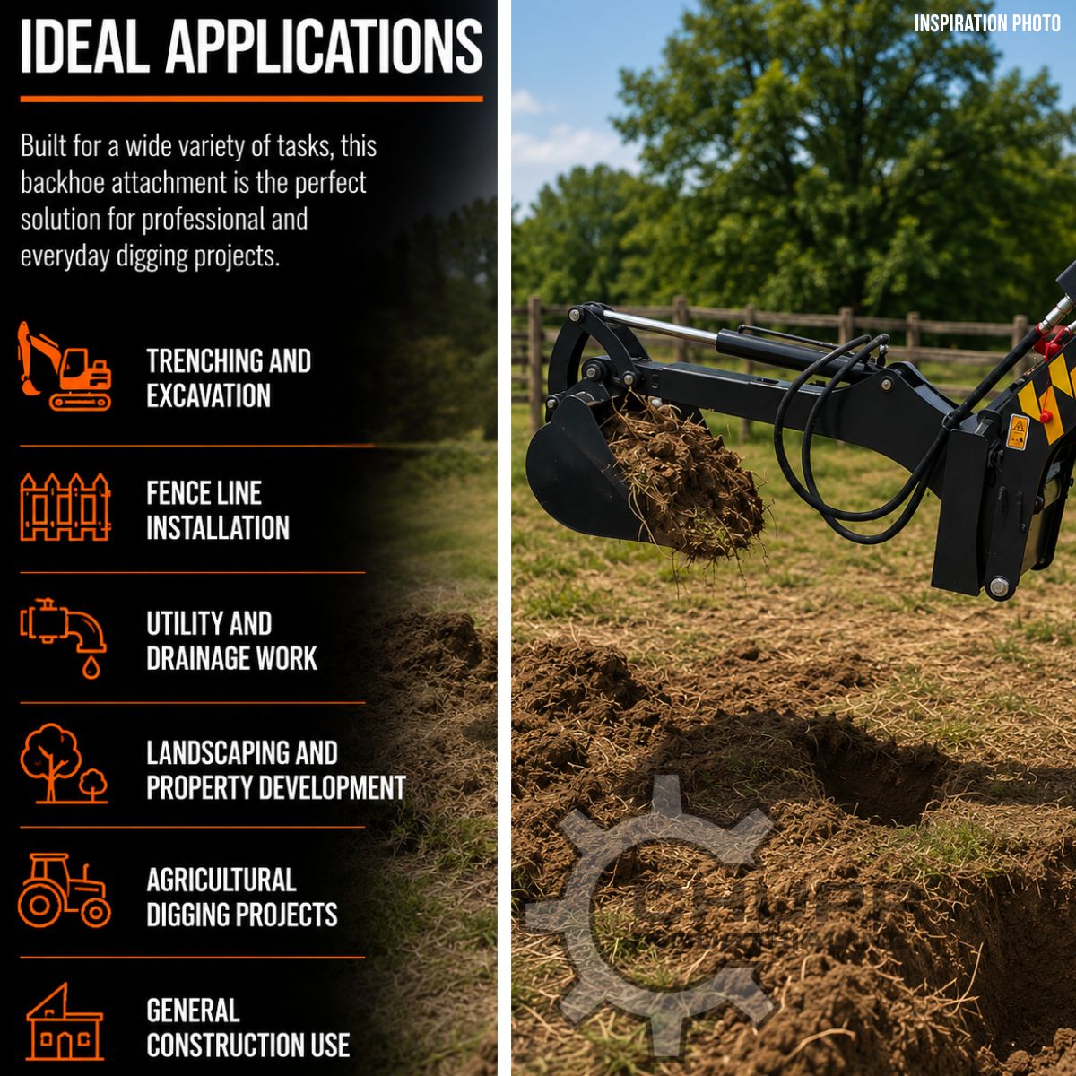 Landhonor backhoe applications graphic: trenching, fence lines, utility and drainage, landscaping, farm digging