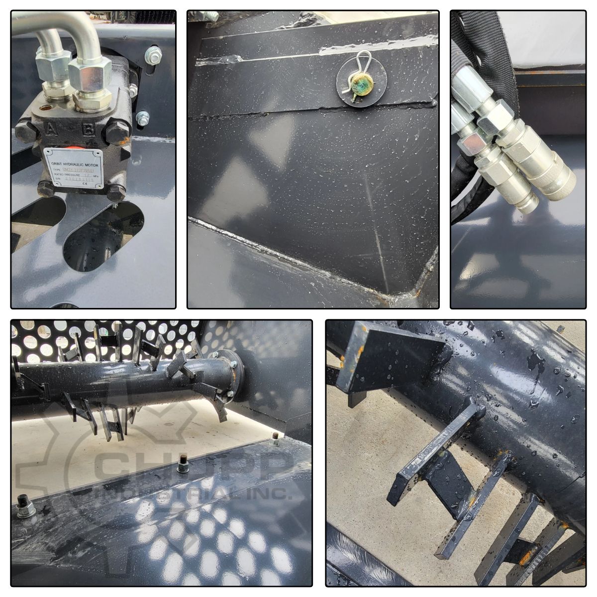 Wolverine rock rake details: orbit hydraulic motor with A and B ports, quick-connect couplers, and the toothed drum