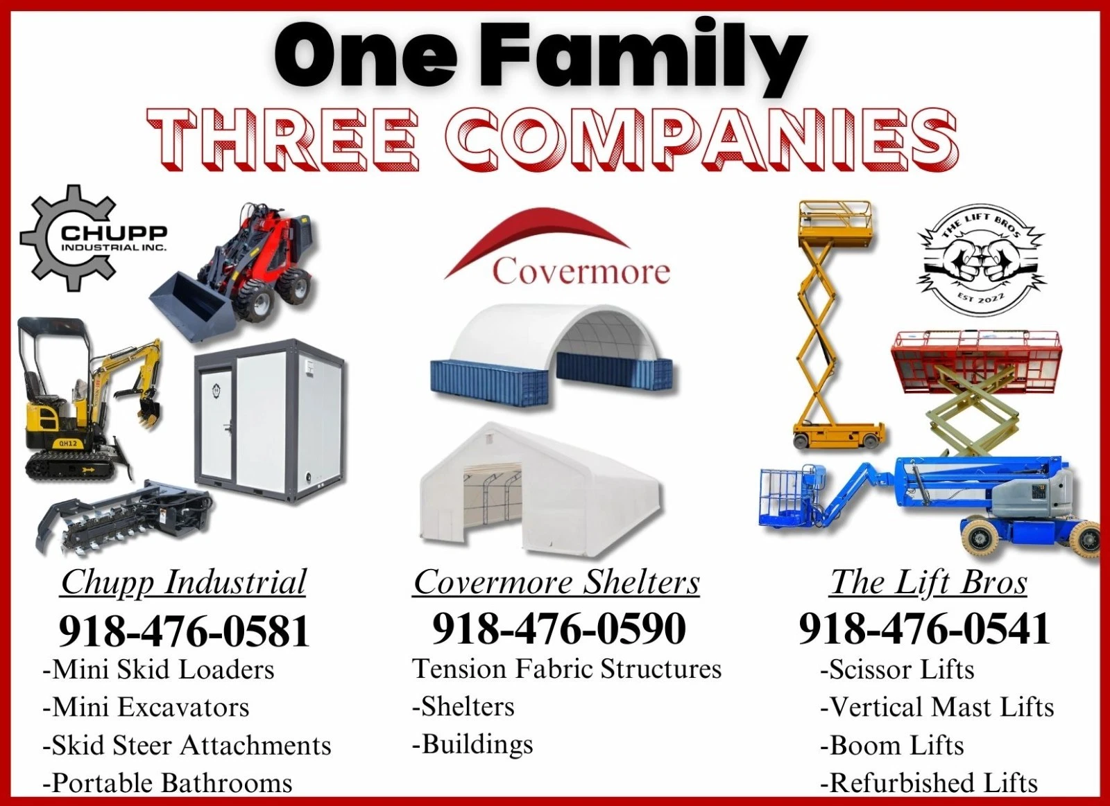 Graphic: one family, three companies - Chupp Industrial, Covermore Shelters, The Lift Bros
