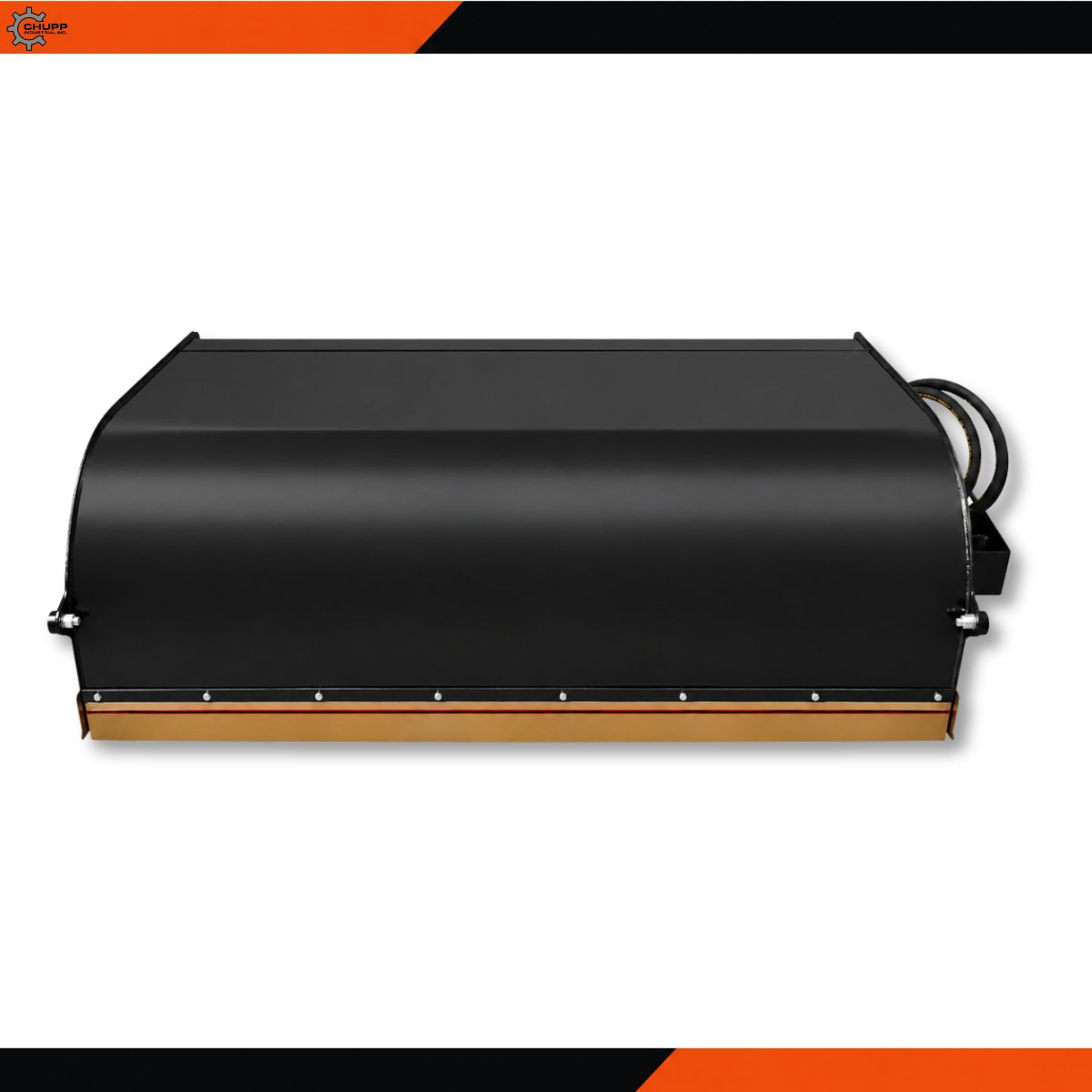 Wolverine 72in box broom, black steel hood with bolted scraper strip and hydraulic hose at the drive end