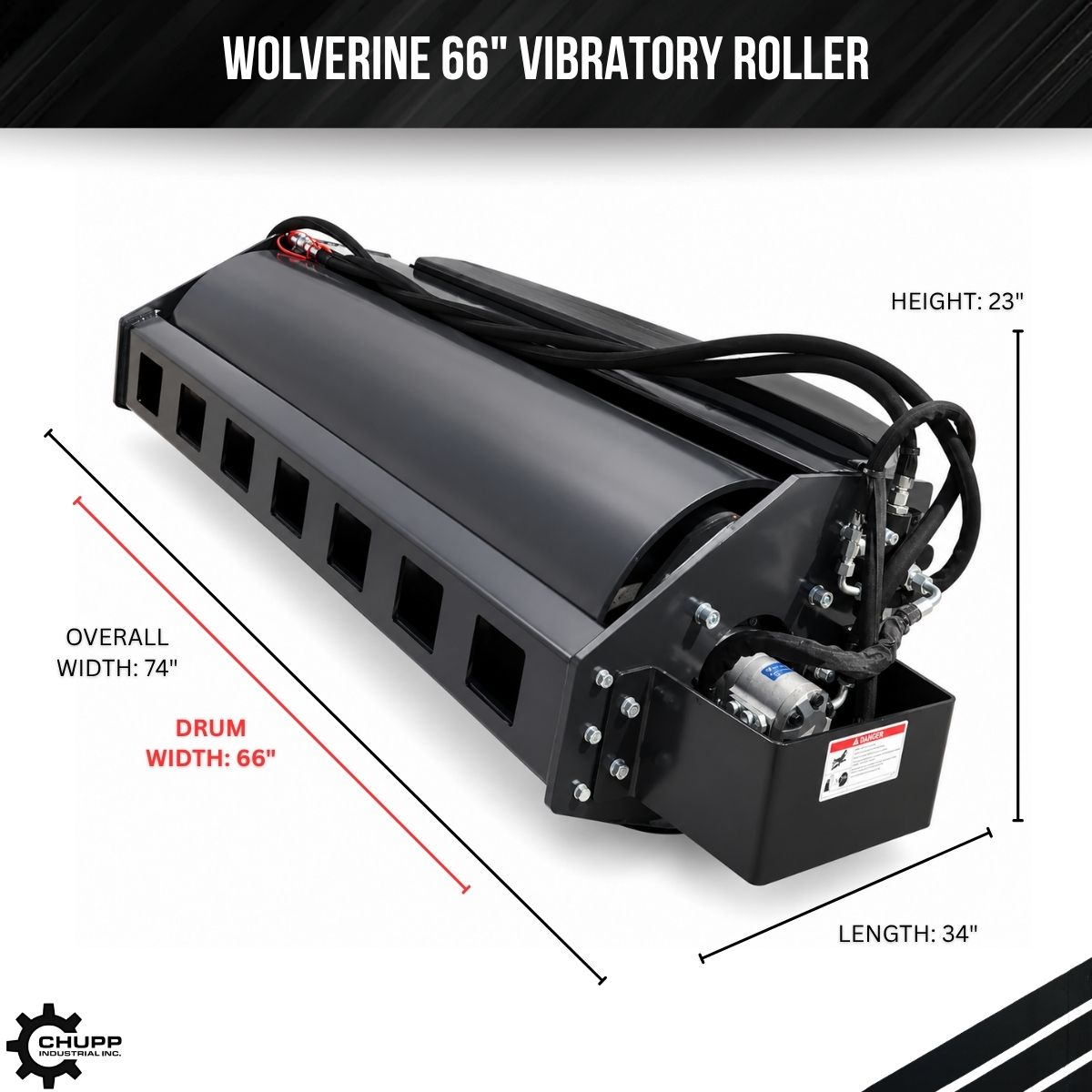 Wolverine 66-inch vibratory roller with dimension callouts: 66-inch drum, 74-inch overall width, 23-inch height