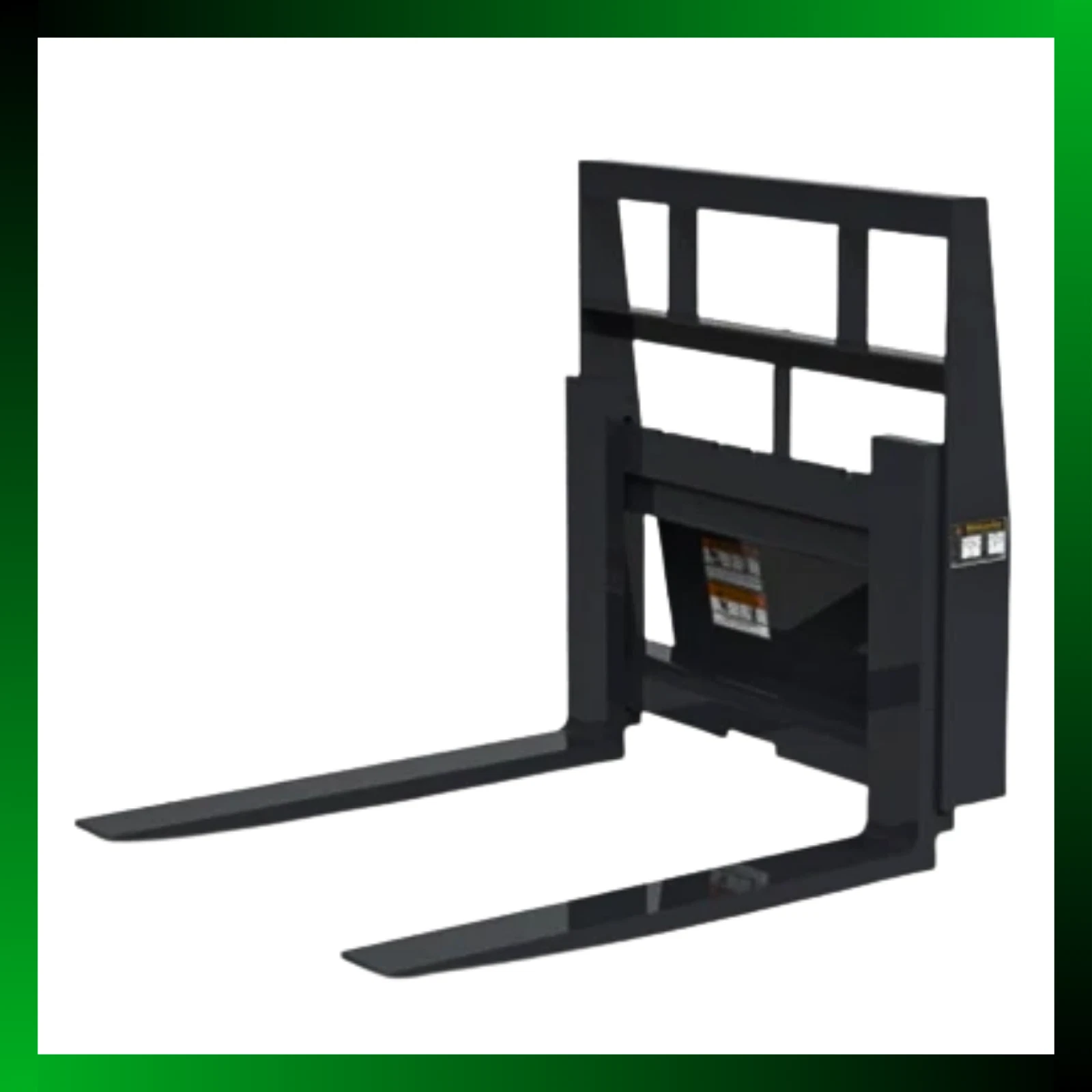 Black mini skid steer pallet forks with headache rack, two tapered tines and safety decals, on white