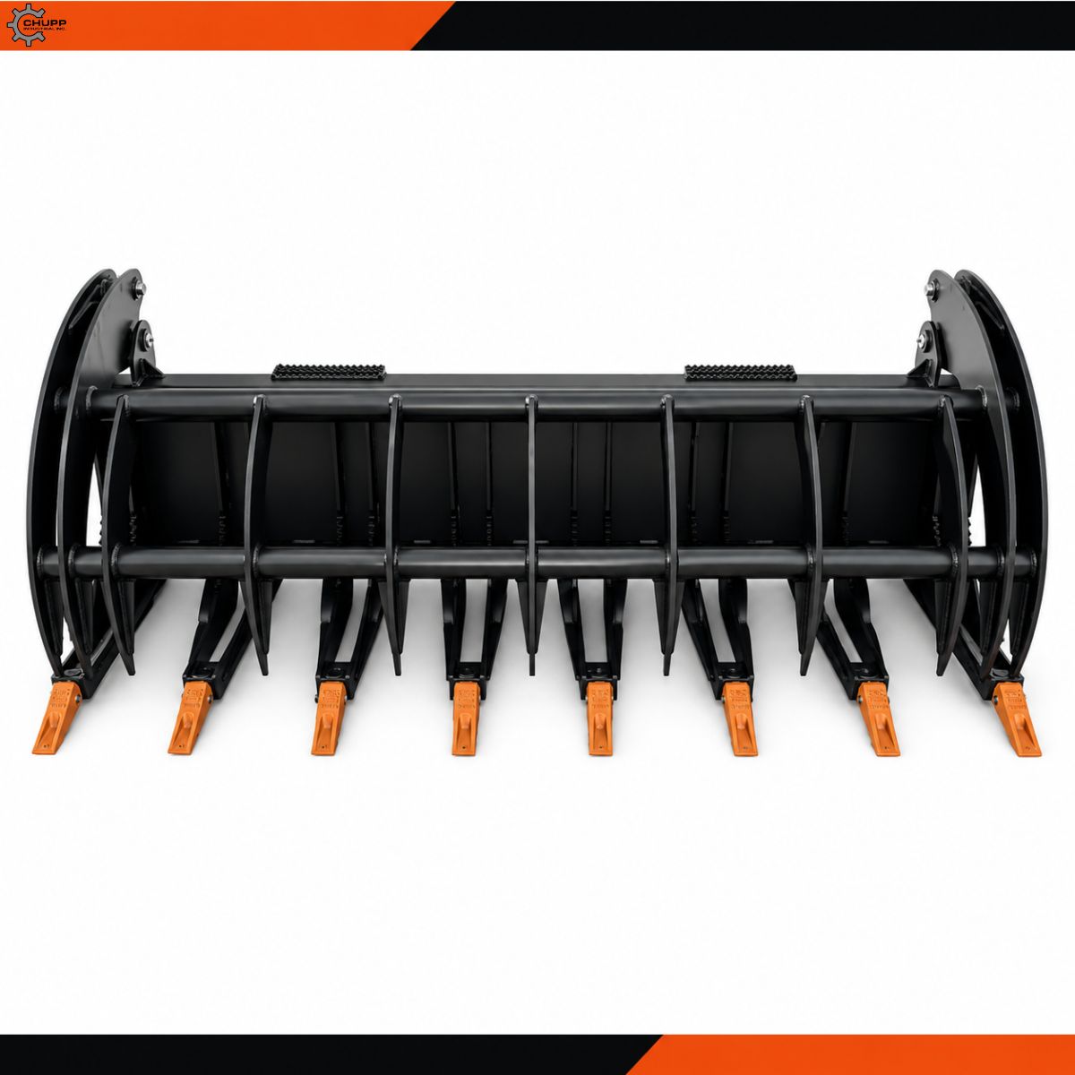 Greatbear grapple rake, black tine frame with eight orange bolt-on cast teeth and twin hydraulic grapple jaws