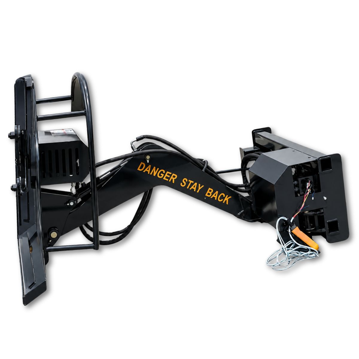Landhonor articulating brush cutter, black boom with hydraulic hoses, cutter deck and skid steer quick-attach plate