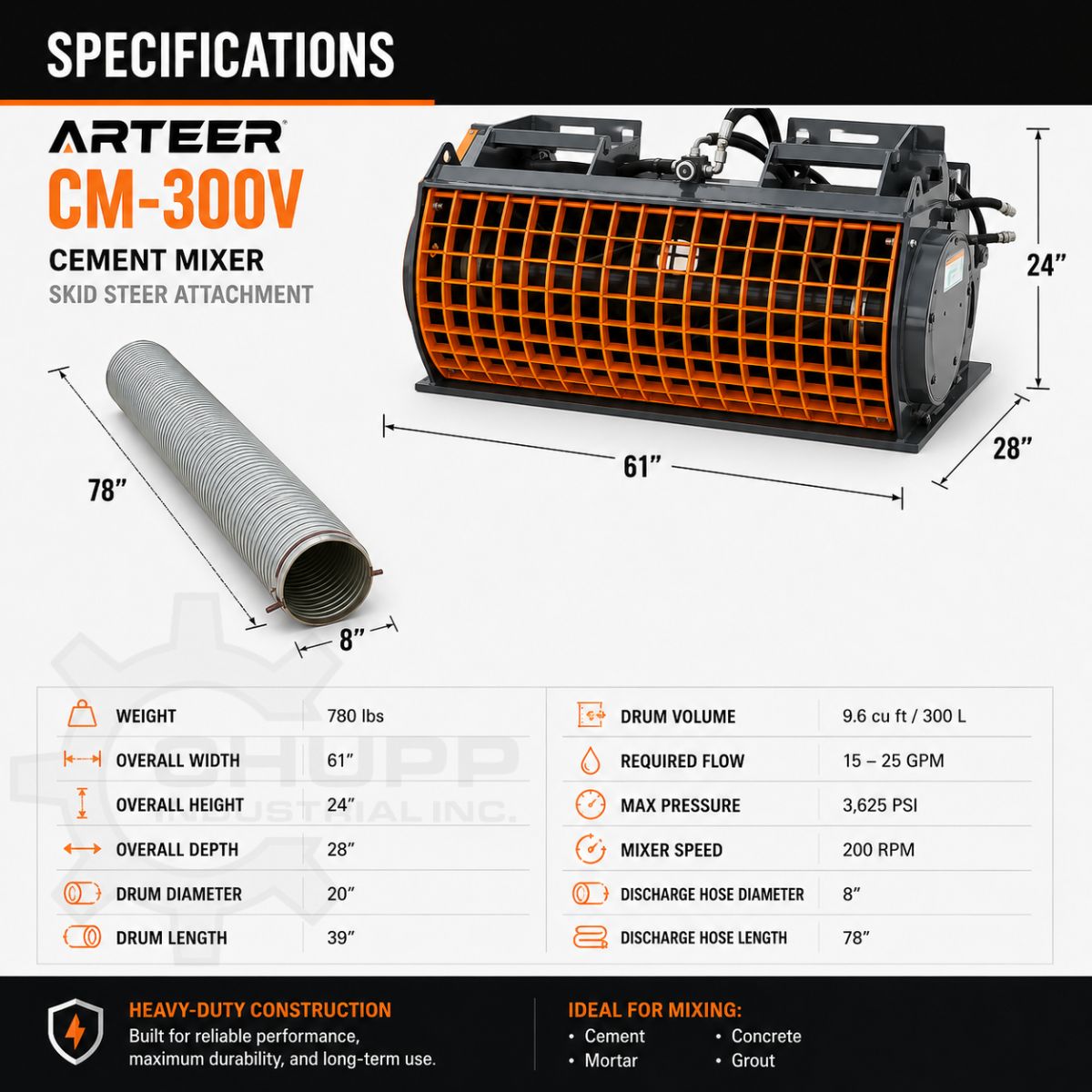Arteer CM-300V cement mixer spec sheet: 61in wide, 24in tall, 28in deep, 780 lbs, 9.6 cu ft drum, 15-25 GPM