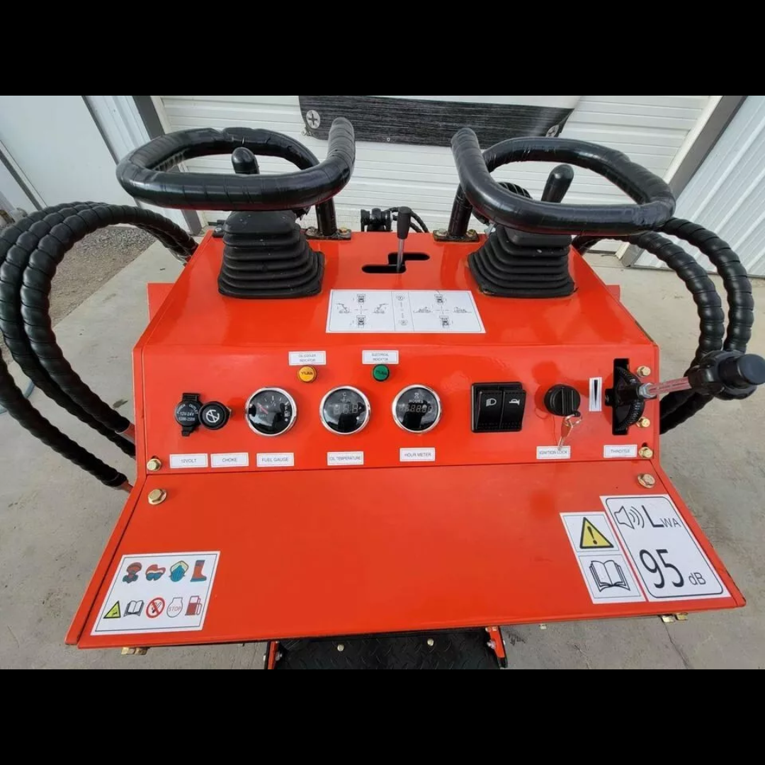 AGT LRT23 red control panel: fuel gauge, oil temperature, hour meter, choke, ignition lock, throttle and twin joysticks
