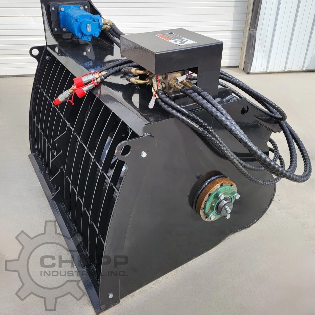 AGT cement mixer bucket, black drum with bag-cutter grille, blue hydraulic motor, control box and red quick couplers