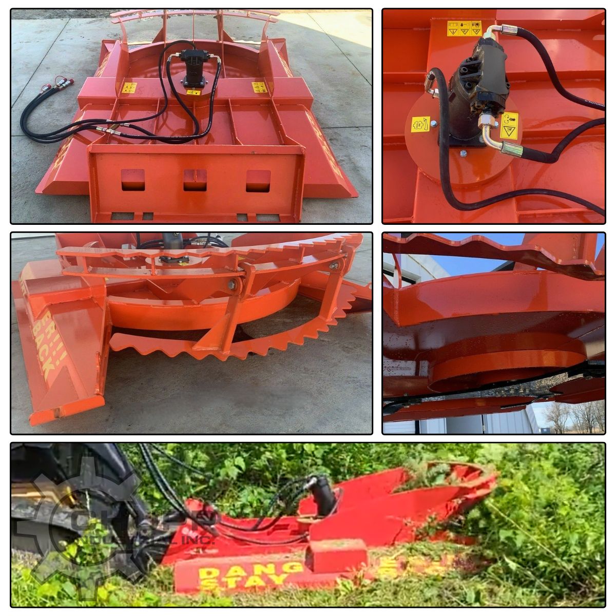 TopCat 68in brush cutter details: hydraulic drive motor, serrated deck skirt, blade underside, cutting brush in the field