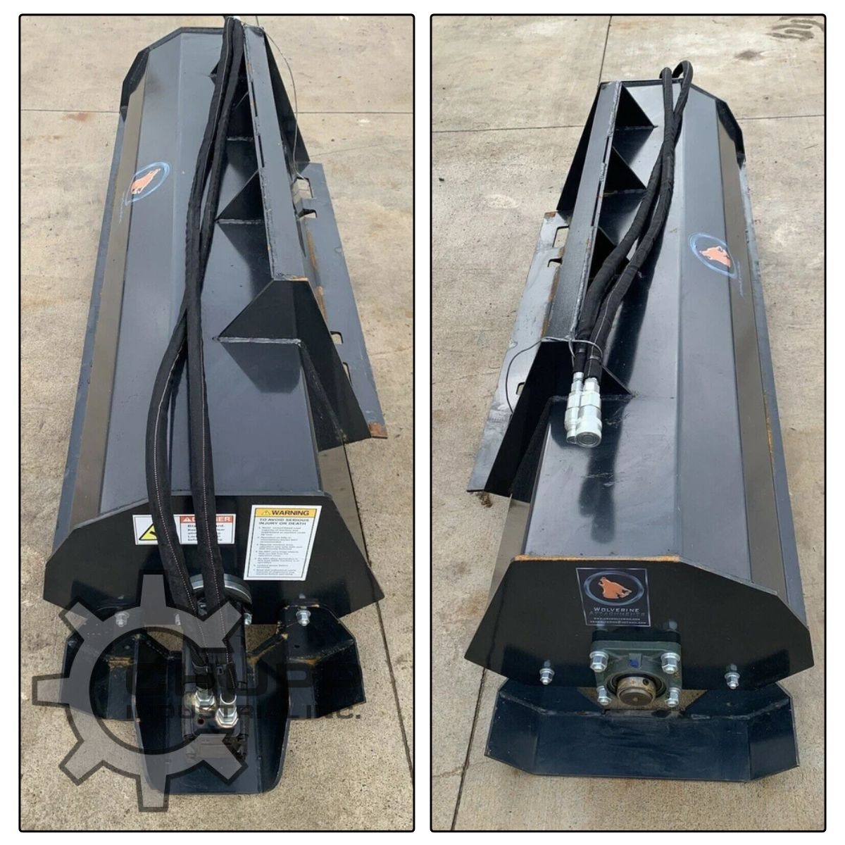 Wolverine tiller hood: hydraulic hoses along the top, drive motor housing, bearing flange and safety decals
