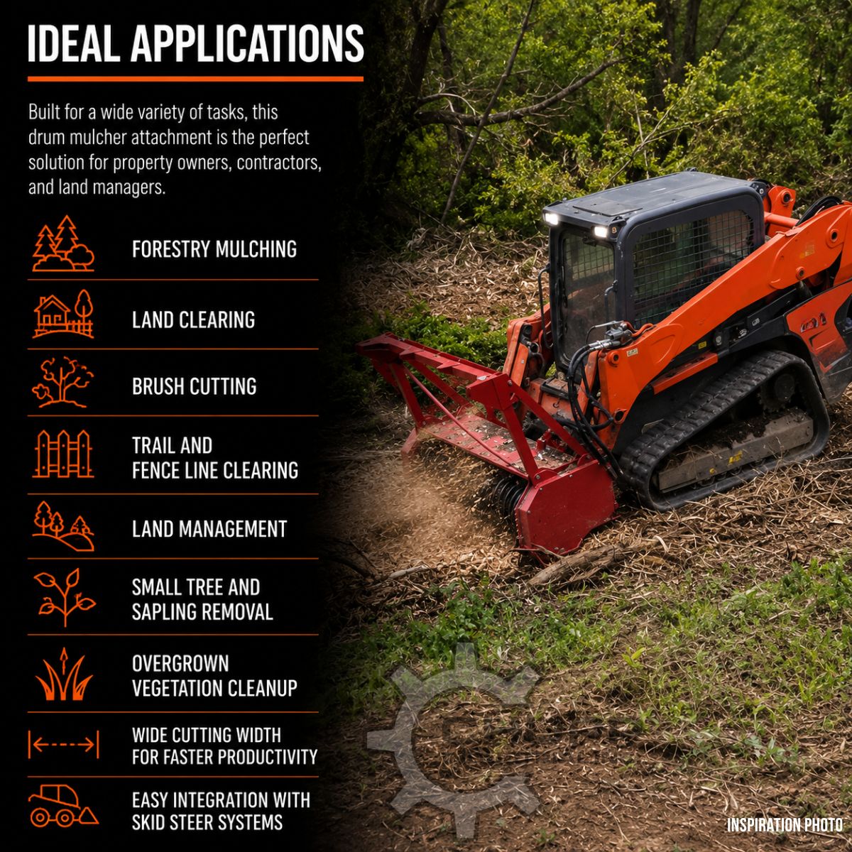 Raytree drum mulcher applications graphic: forestry mulching, land clearing, brush cutting, trail and fence line work