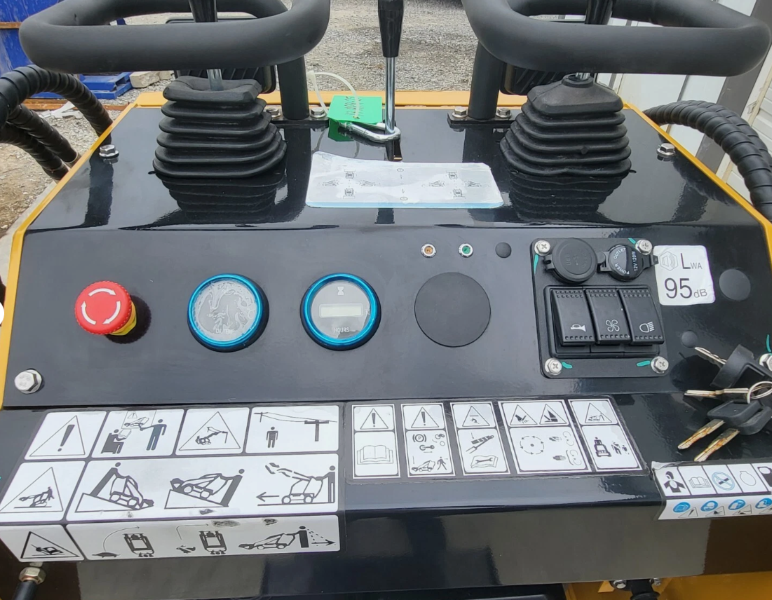 AGT MX-MRT14 control panel: twin hand levers, red emergency stop, ignition, hour meter, switches and 12V outlet