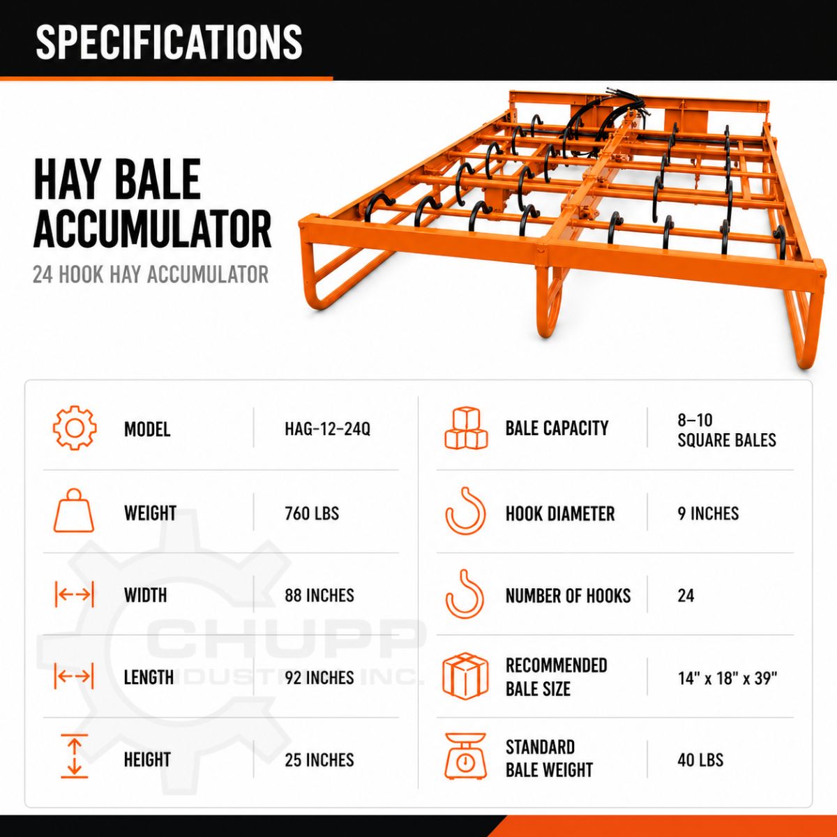 Spec table for the Landhonor HAG-12-24Q hay accumulator: 24 hooks, 8-10 square bales, 88 x 92 x 25in, 760 lbs