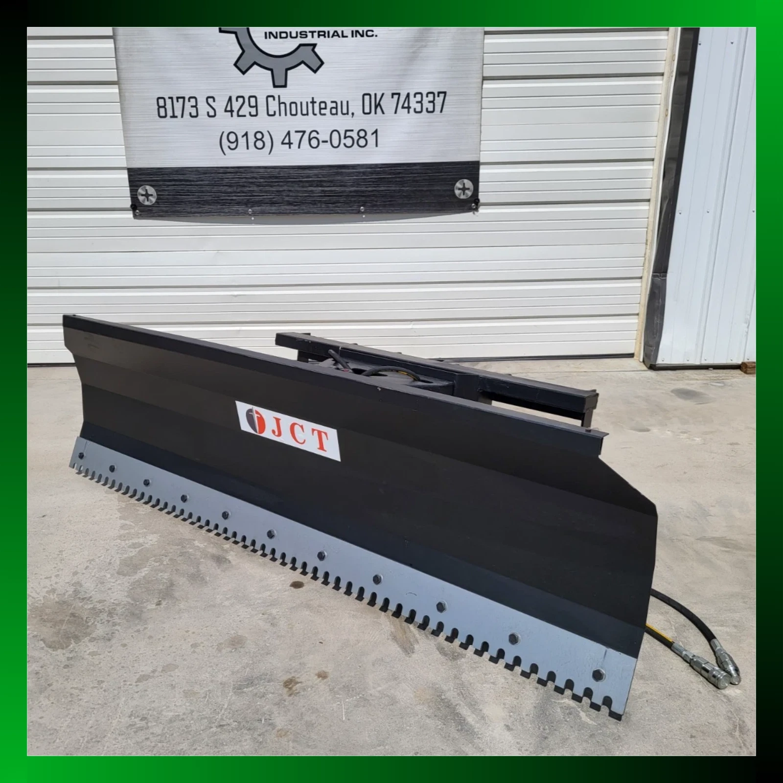 JCT 84-inch push blade, black moldboard with serrated cutting edge and skid steer quick-attach mount