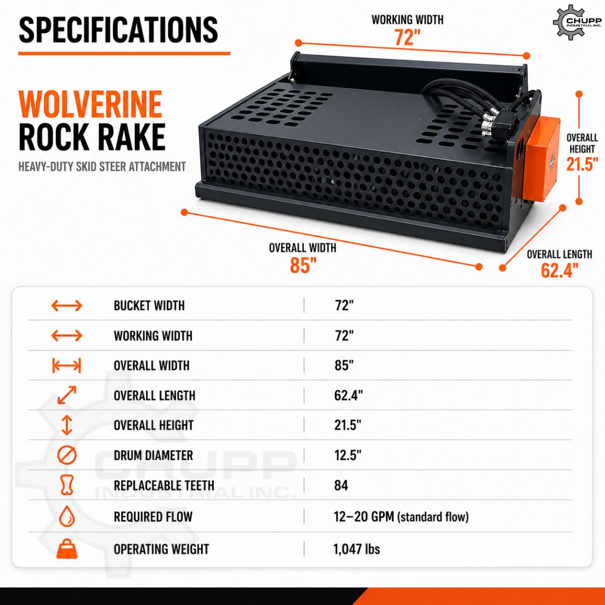 Wolverine Rock Rake spec sheet: 72in working width, 85in overall width, 21.5in height, 84 teeth, 1,047 lbs