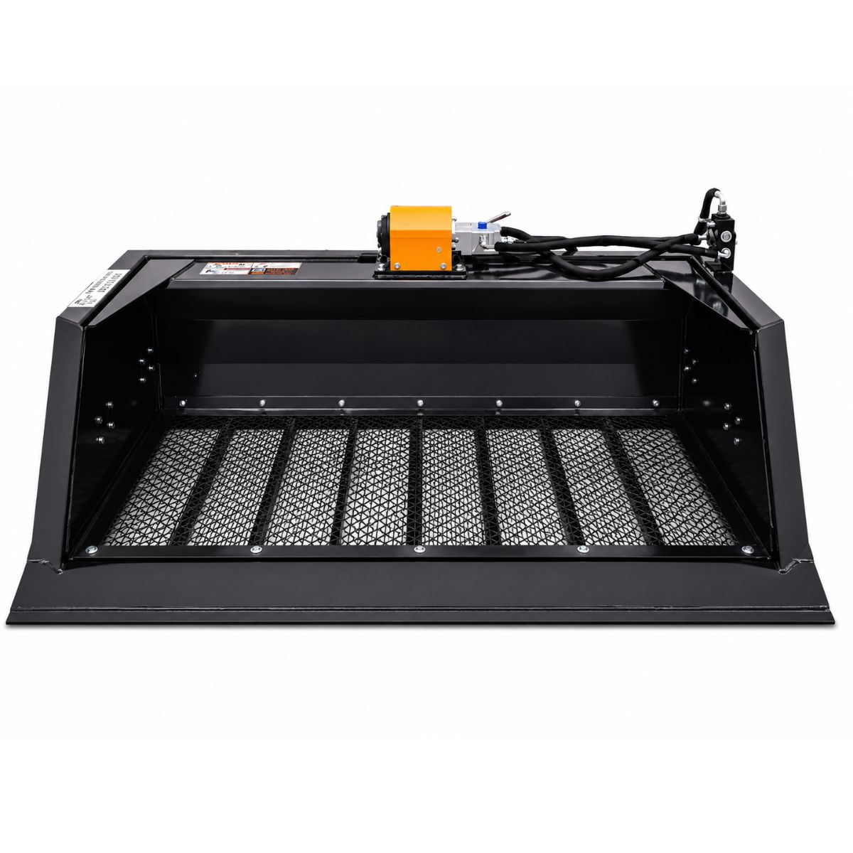 Wolverine screening bucket: black bucket with an expanded-metal screen floor, orange drive motor and hydraulic hoses