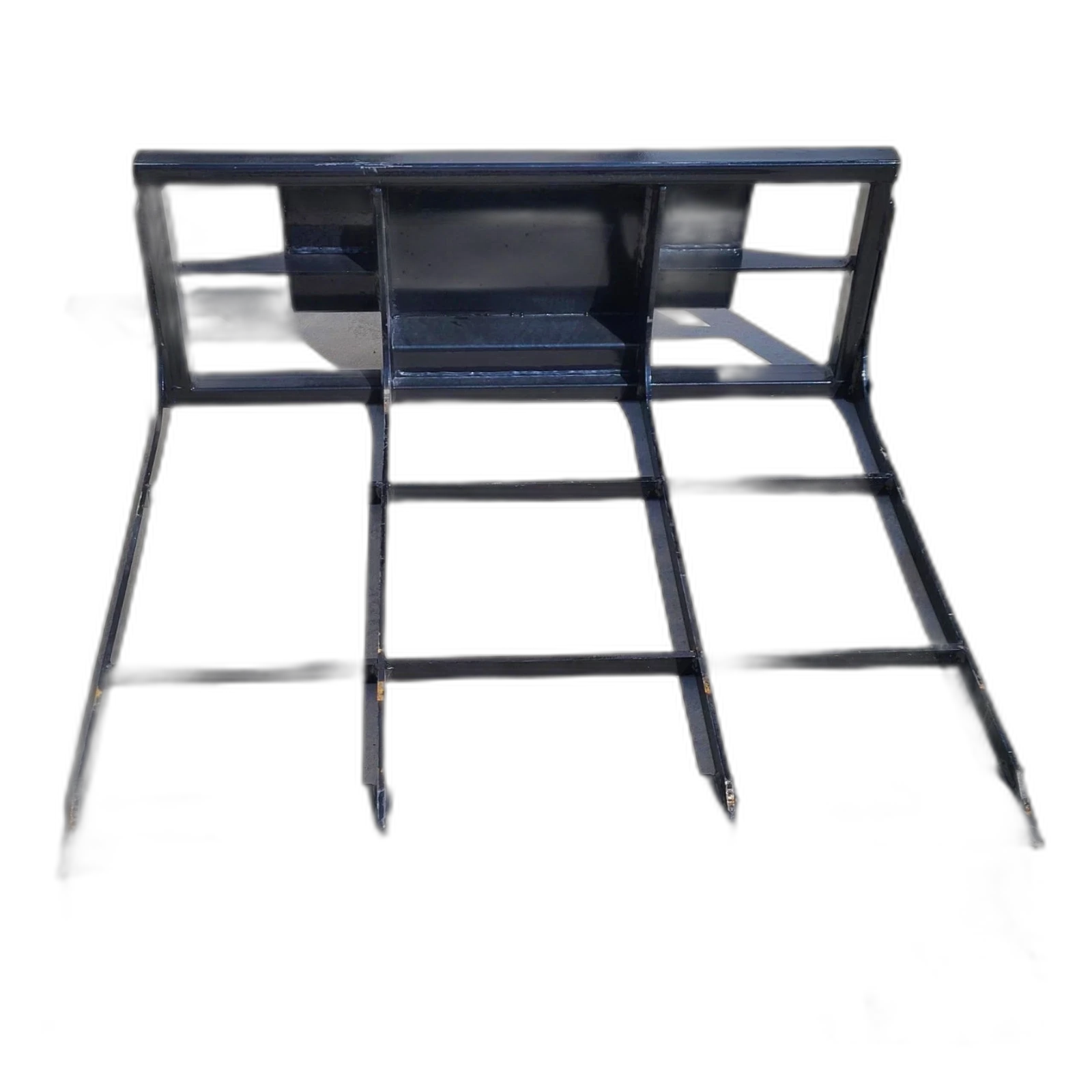 Black steel land leveler, open box frame with cross bars above and long tapered grading teeth below