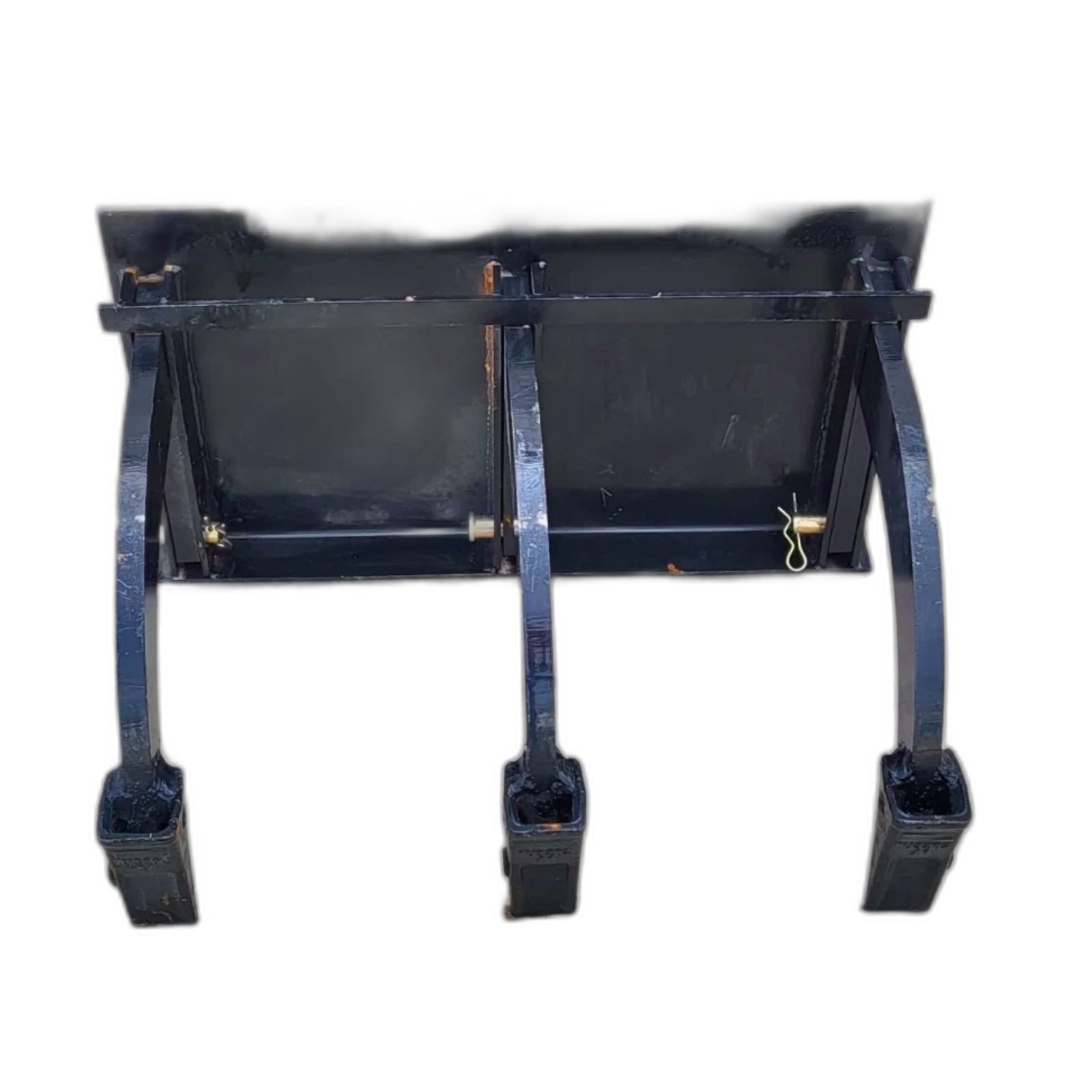 Black three-shank mini skid steer ripper, curved shanks with square boot tips on a quick-attach mount frame