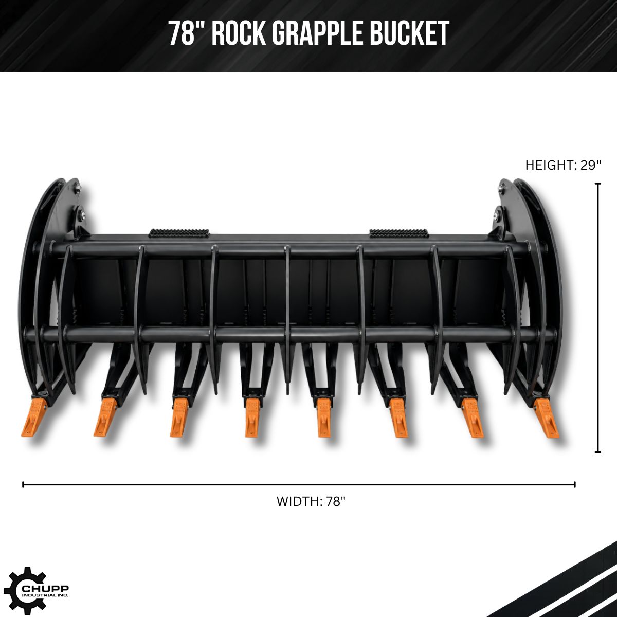 Dimension graphic of the 78-inch rock grapple bucket, angled view labeled 78in wide and 29in tall