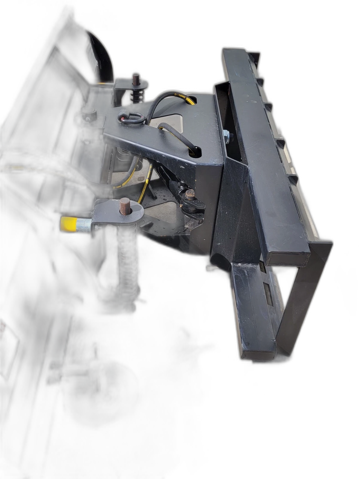 Push blade's quick-attach mounting frame from behind, trip spring, pivot pin and hydraulic hose