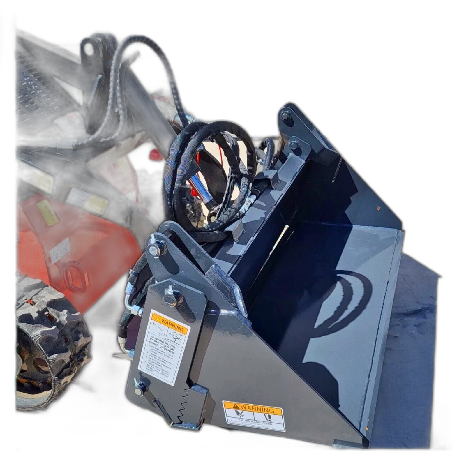 Gray 4-in-1 bucket on a mini skid steer, serrated clamshell jaw open, sleeved hoses and warning decals