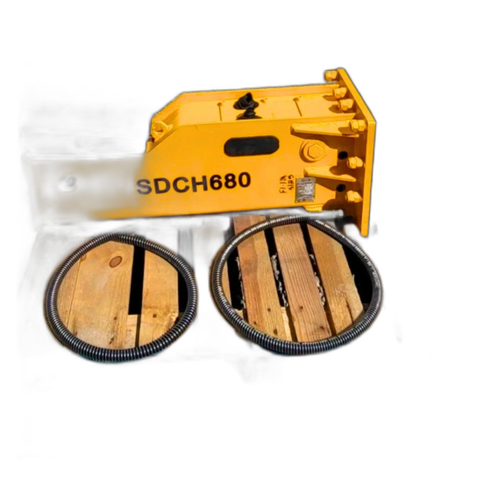 SDCH680 yellow hydraulic breaker body with bolted mounting bracket, two coiled hydraulic hoses in front