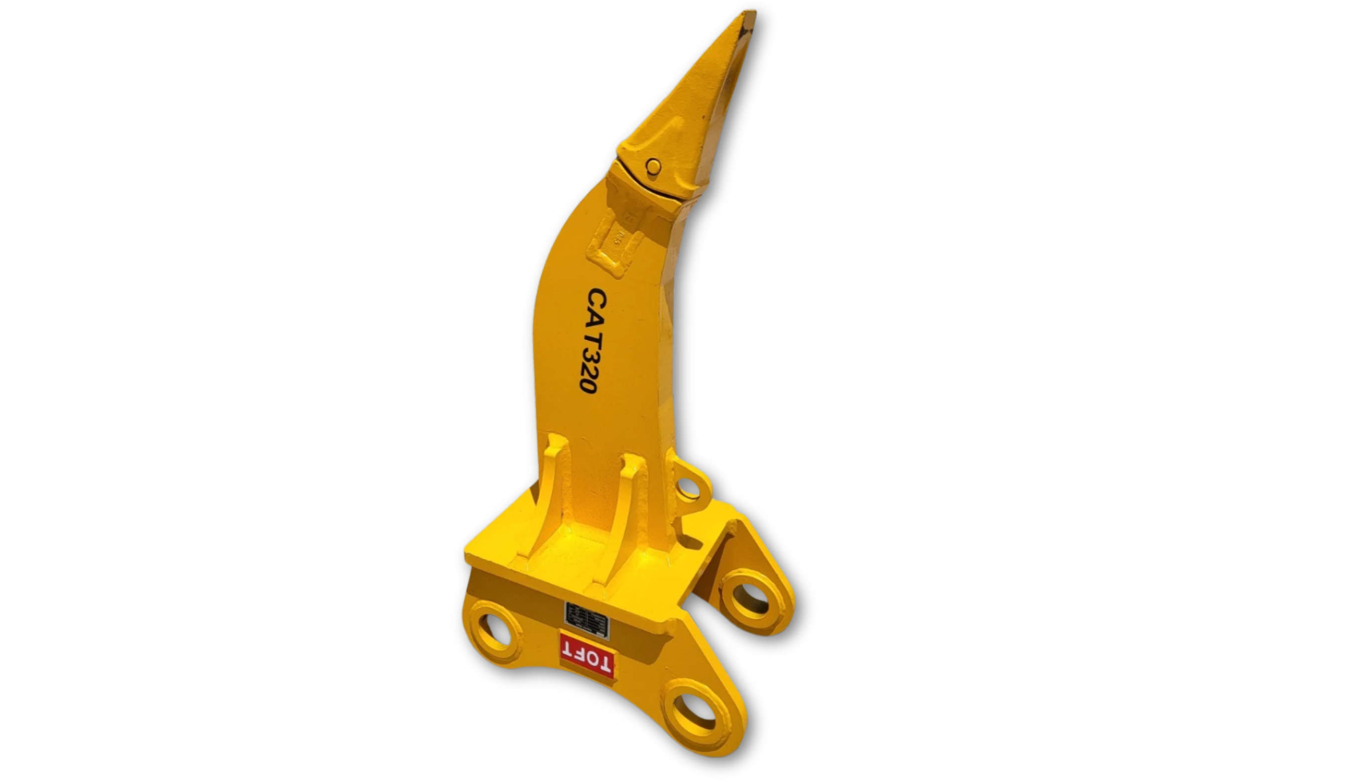 Yellow TOFT single-shank excavator ripper with curved pointed tine and twin-lug mount, marked CAT320