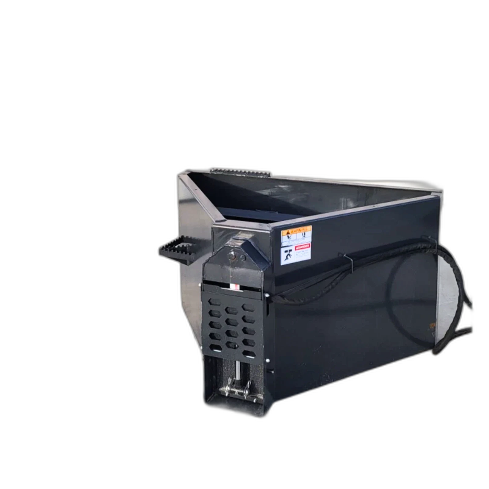 Wolverine concrete bucket, black steel hopper with slotted gate housing, warning decals and step plates