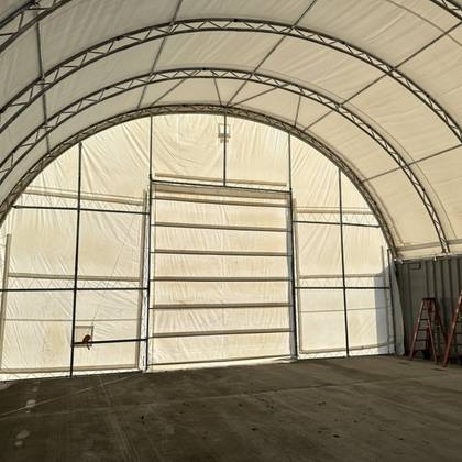 Covermore 40x40 Upgraded Dual Truss Container Shelter with a front wall