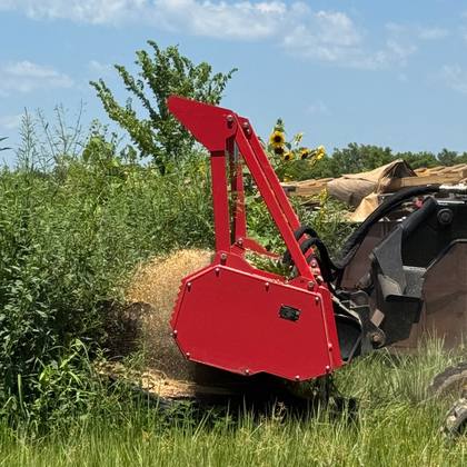 Raytree 72" High Flow Forestry Drum Mulcher demo mulching a tree stump