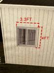 Sliding window detail on the metal workshop, marked 3.3 ft wide by 4 ft tall