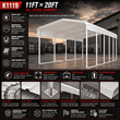 Feature graphic: 11x20 all-steel carport parked near a building, frame, panel and anchor closeups