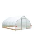 12x20 tunnel greenhouse with white roof panel, clear sidewalls, and framed door on the far end
