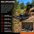 JCT 72in brush cutter applications graphic: skid steer clearing brush and saplings, standard flow, universal quick attach