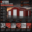 Feature graphic for the 42x30x13 red-brown storage shed: steel frame, roll-up doors, premium panels