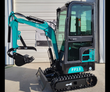 FF Industrial FF13 mini excavator: teal and black cab machine with hydraulic thumb, bucket, dozer blade and tracks