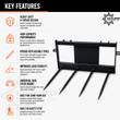 JCT 4-spear bale spear features: forged replaceable tines, 70-degree back angle, universal skid steer mount, safety step
