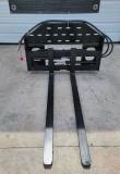 60-inch pallet forks, slotted backrest with hydraulic hoses and a red-capped coupler, forks toward camera
