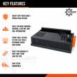 Wolverine rock rake features graphic: rock removal, grading and leveling; front grill filters soil; skid steer compatible