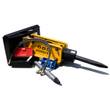 AGROTK 680 breaker hammer, yellow body with moil chisel installed, spare chisel points, hoses, toolbox and gauge kit