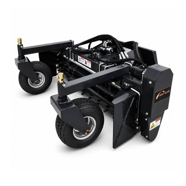 Arteer soil conditioner power rake: adjustable gauge wheels, hinged end plates, carbide-tooth drum and hydraulic lines